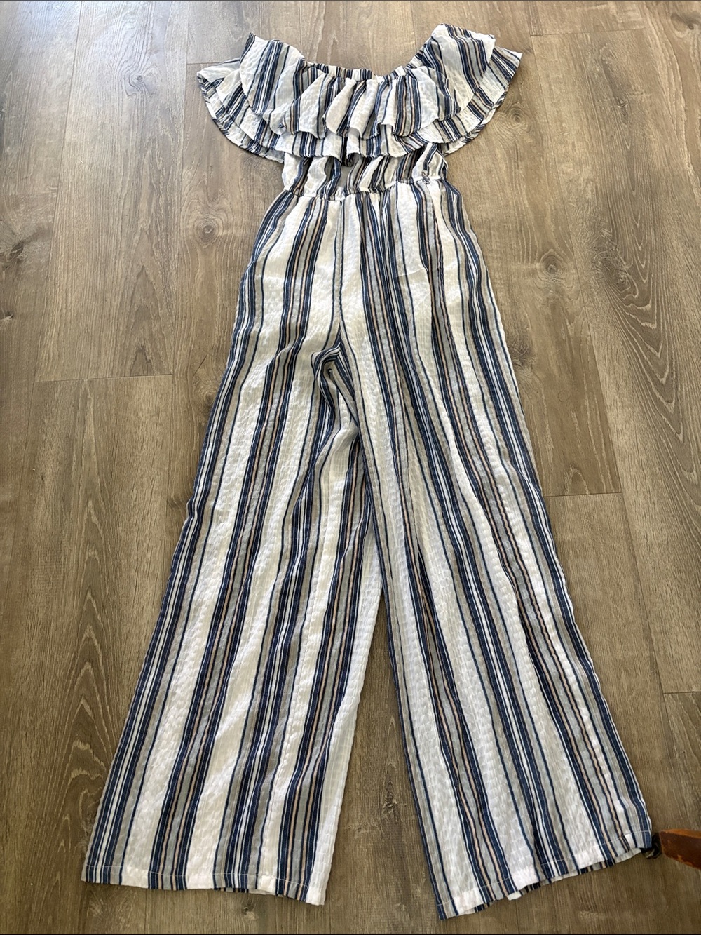 Striped Off-Shoulder Wide-Leg Jumpsuit in White and Navy
